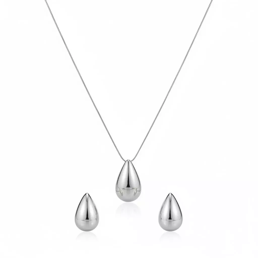 Conjunto Gota Orgânica - Colar e Brincos Banho Platina