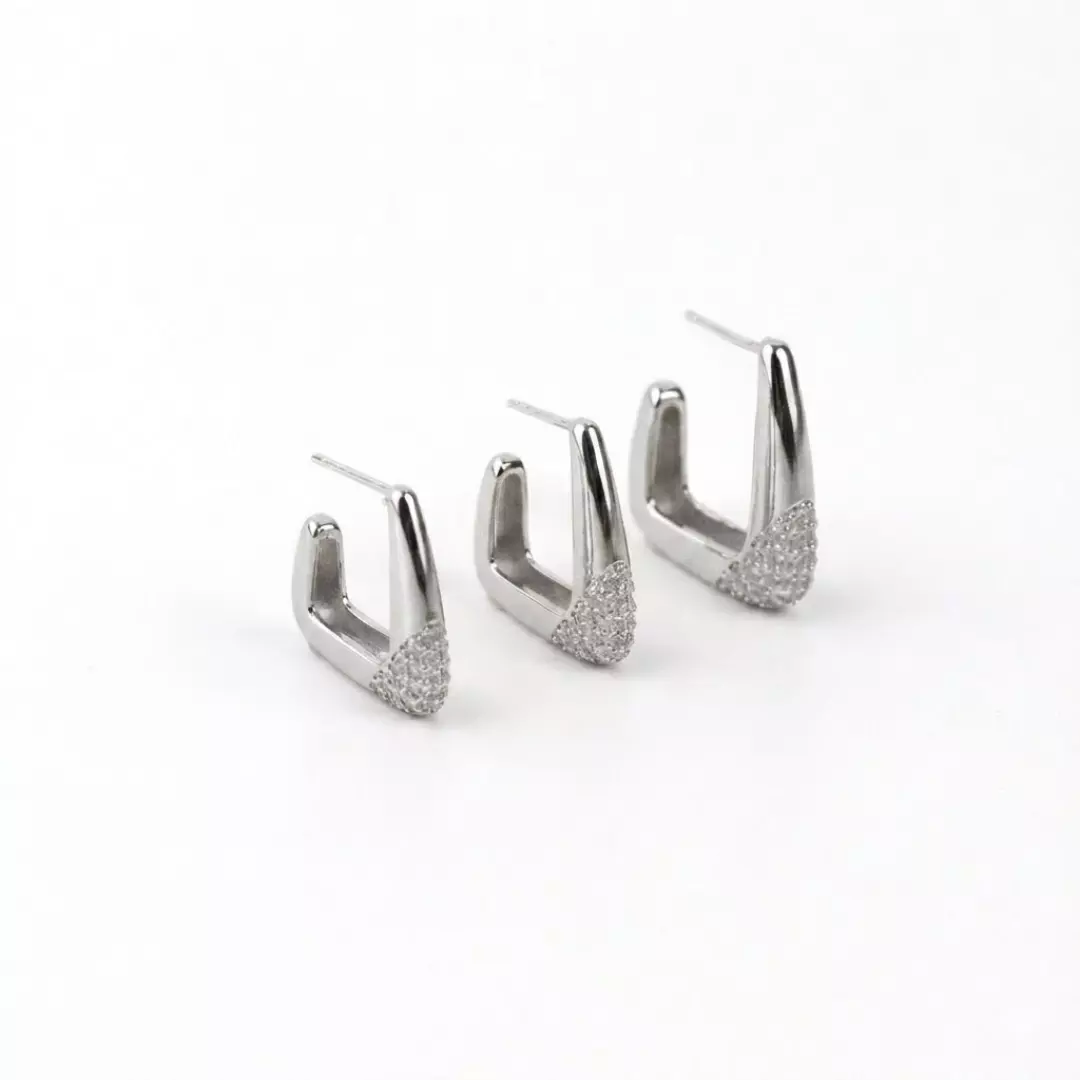 Trio de Brinco s Meia Argola Quadrada Cravejado em Zircônias banho em Platina