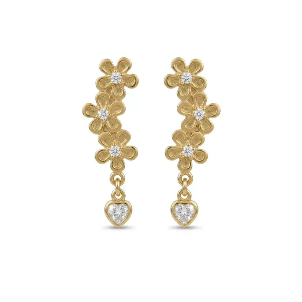 Brincos Flores com Coração Pendente - Banho Ouro 18k ou Platina