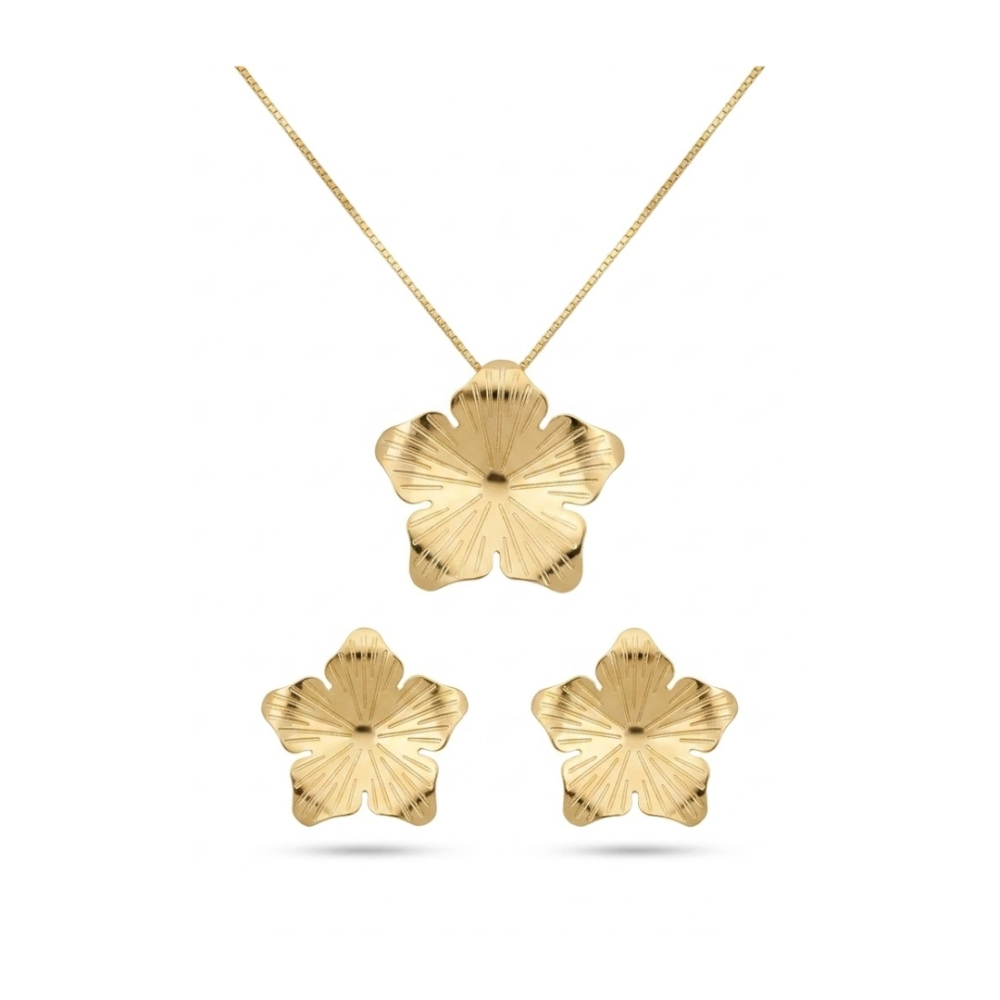 Conjunto Orgânico de Flor Texturizada a Laser Colar e Brincos
