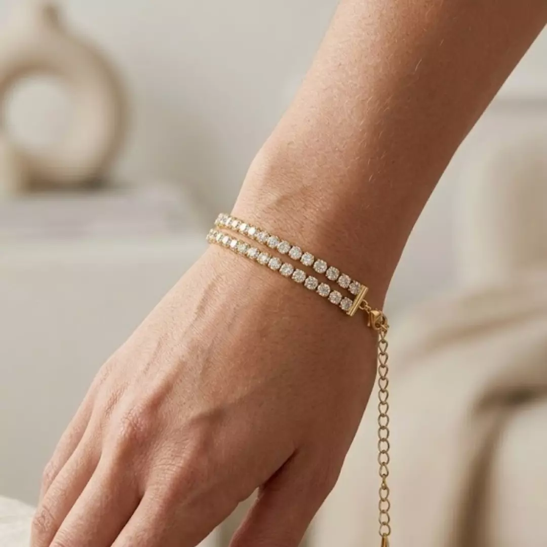 Pulseira Riviera Dupla Cravejada com Zircônias Banho Ouro 18K e Platina