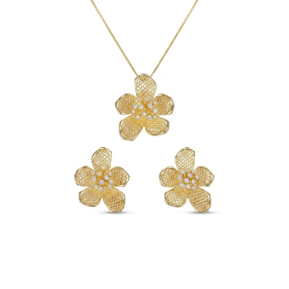 Conjunto Colar e Brincos Flor Assimétrica com Pistilos Cravejados